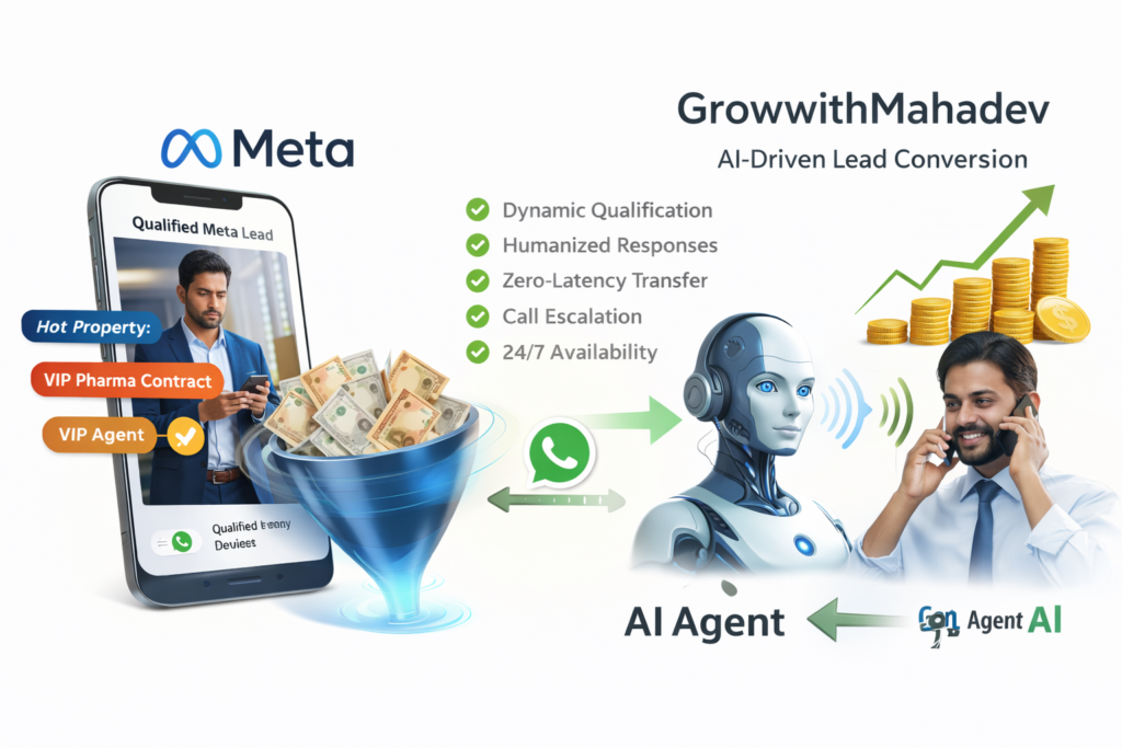 Infographic of an AI-driven lead conversion system showing Meta lead generation flowing through WhatsApp and an AI agent for instant qualification, voice call engagement, and final sales conversion under the GrowwithMahadev pipeline